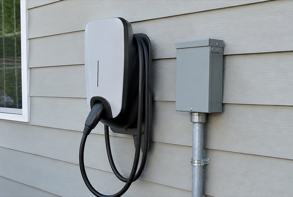 Level 2 EV home charger on a 240-volt circuit on a house wall