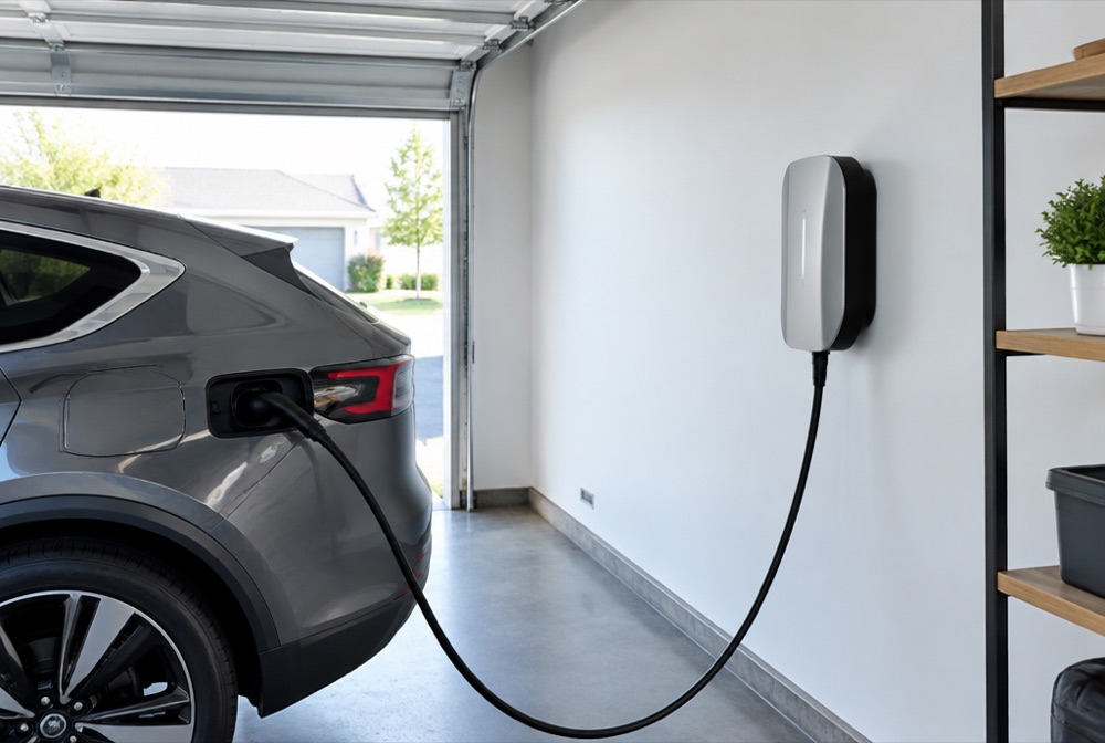 Finished Level 2 EV charger installation on a Cleveland home garage