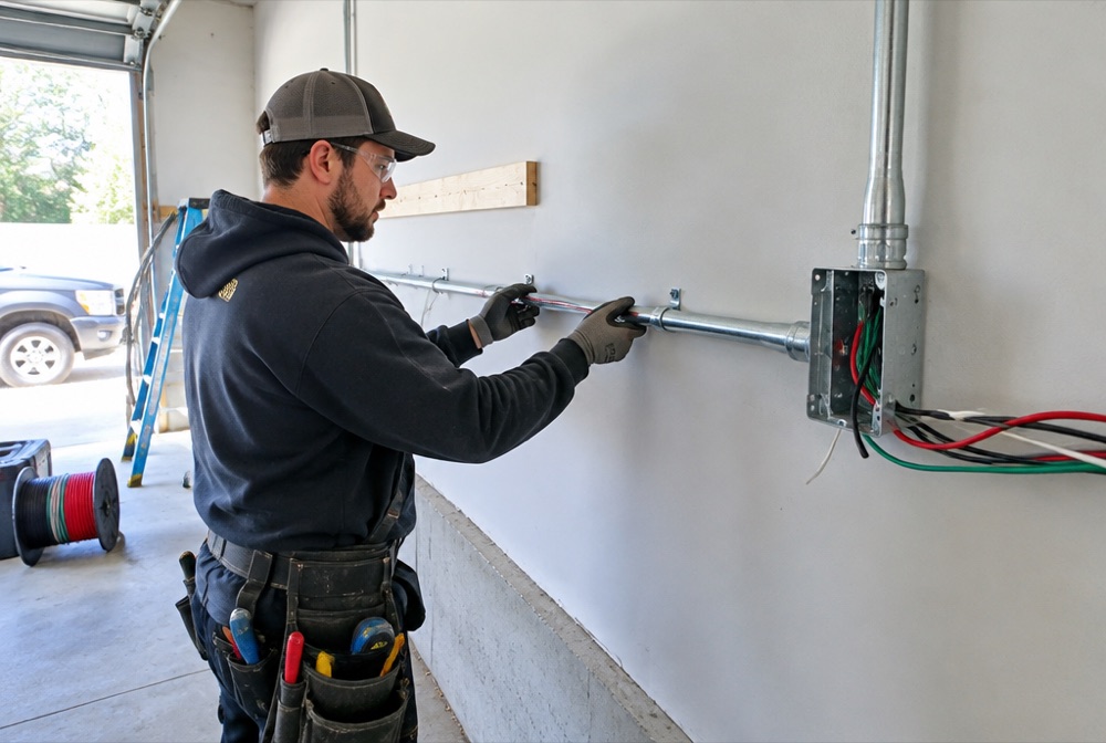 Electrician running a 240-volt circuit and conduit for a home EV charger